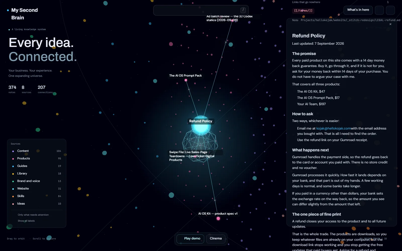 A dark screen with a glowing 3D graph of notes and a note open beside it