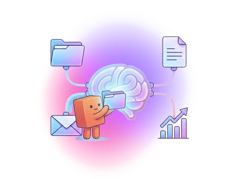 A friendly agent handing a stack of labelled files to a glowing brain that is wired to a document, an email and a rising chart