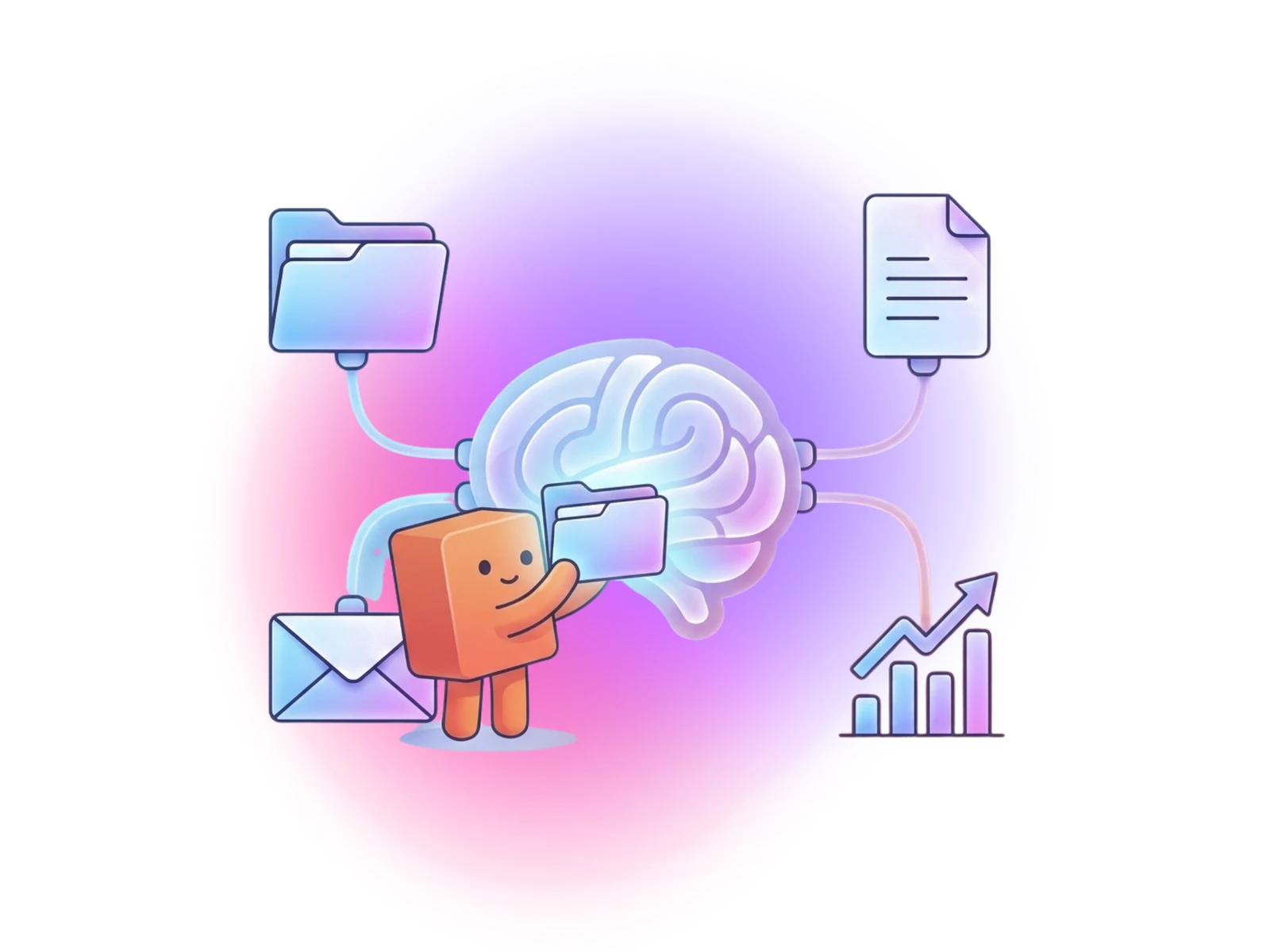 A friendly agent handing a stack of labelled files to a glowing brain that is wired to a document, an email and a rising chart