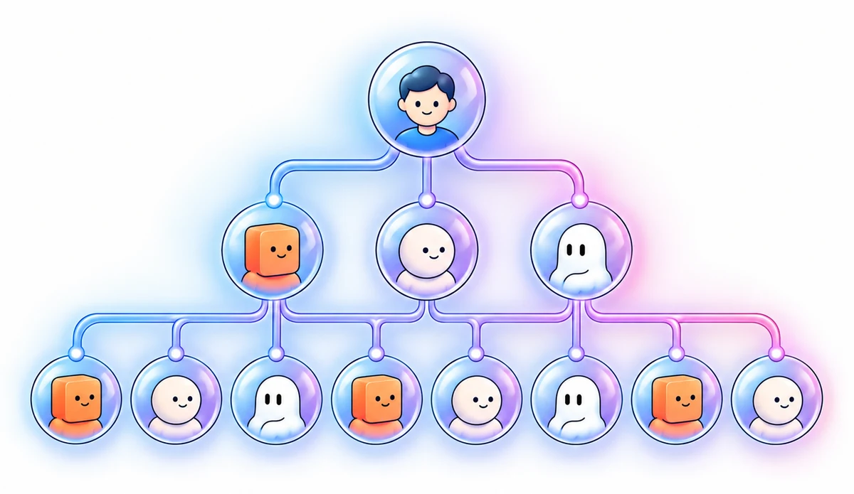 You at the top, three manager agents, eight AI employees under them, eleven in total