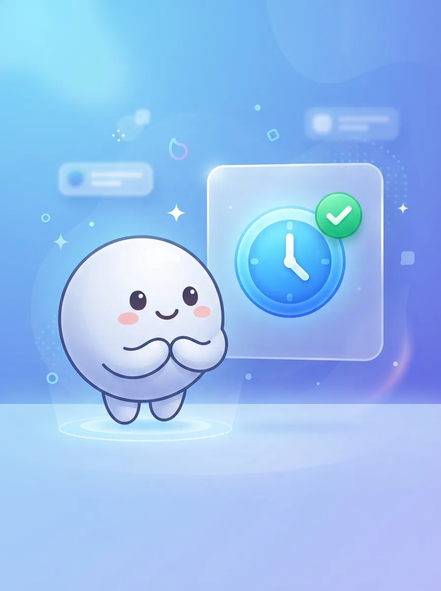 A friendly agent beside a clock panel with a green tick