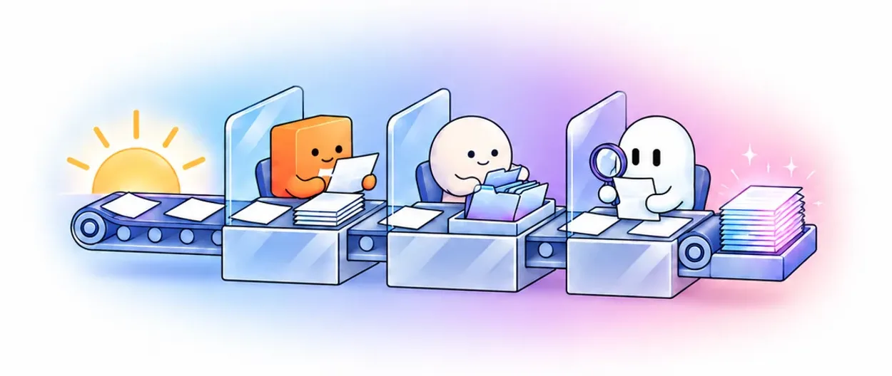 A conveyor belt carrying a week of work past AI employees who brief, file, review and clean up